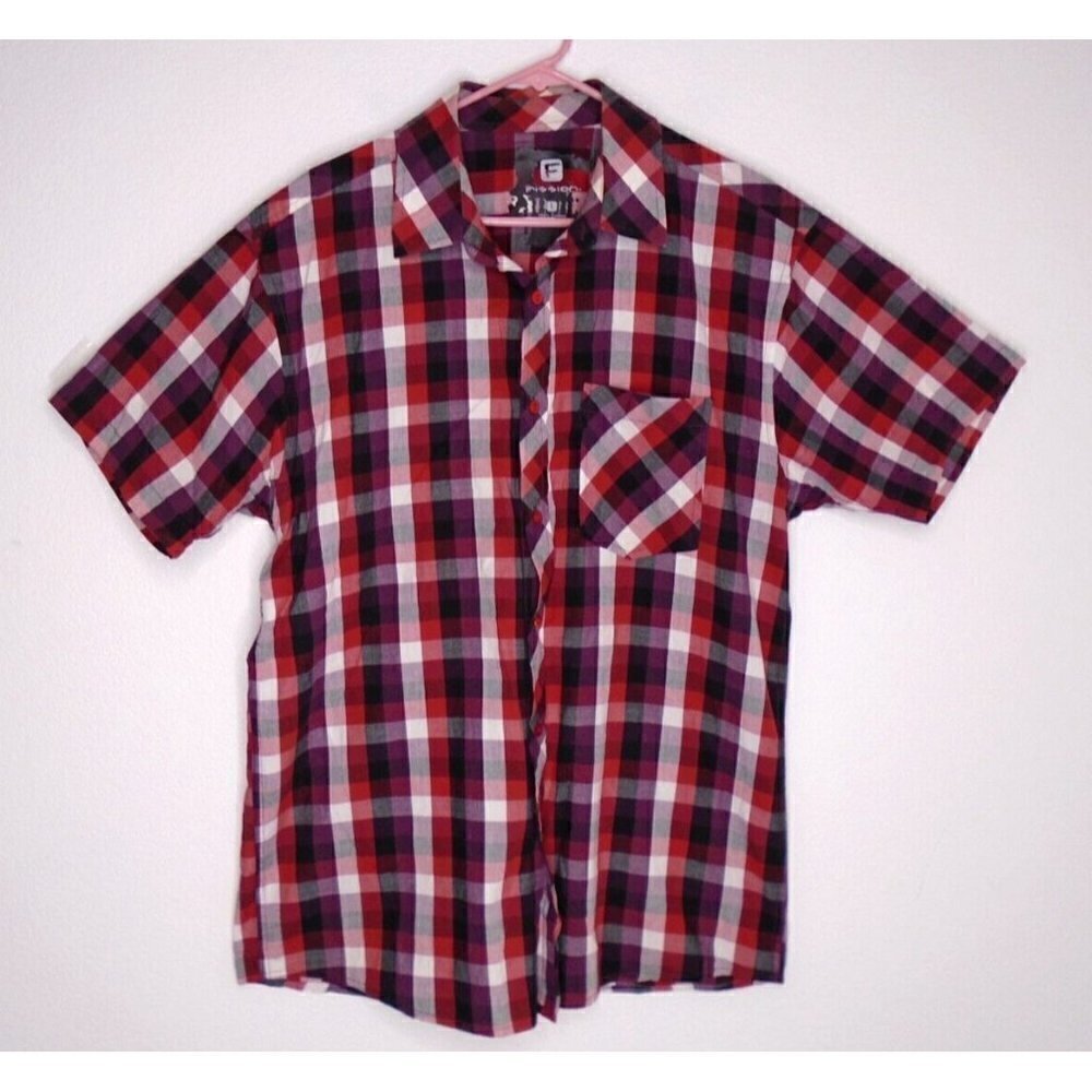 Fission Plaid Shirt Button Up Short Sleeve Red Black White Size Mens Large